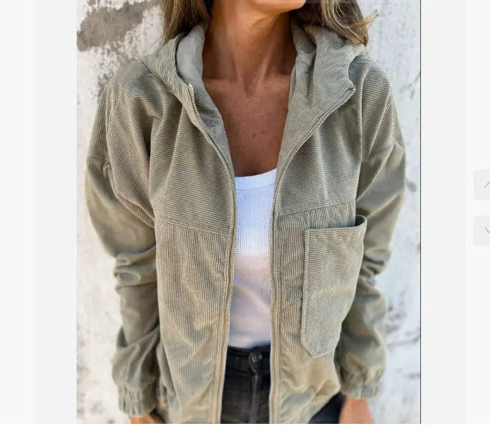 Corduroy Hooded Zip-up Jacket With Pockets Fashion Casual Drawstring Tops Outerwear Women's Clothing Meifu Market