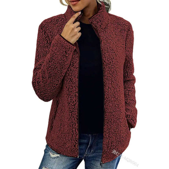 Fall Winter Warm Sweatshirt Stand Collar Solid Color Top Sweater Women's Casual Fashion Long Sleeve Zipper Bubble Velvet Coat Tops Meifu Market