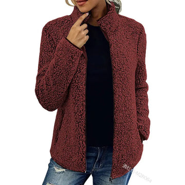 Fall Winter Warm Sweatshirt Stand Collar Solid Color Top Sweater Women's Casual Fashion Long Sleeve Zipper Bubble Velvet Coat Tops