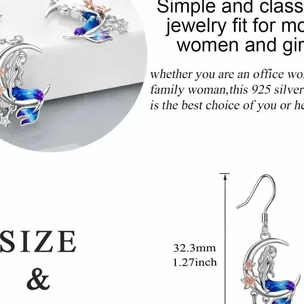 925 Sterling Silver Mermaid Earrings - Crescent Moon Dangle Drop with Zircon Crystals - Meifu Market