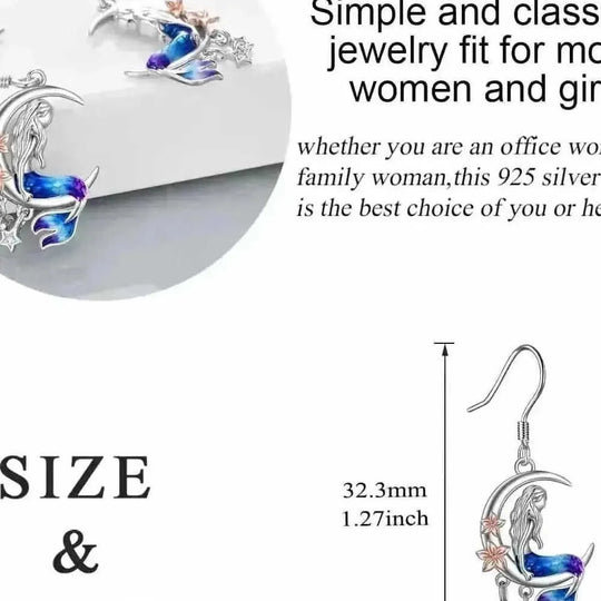 925 Sterling Silver Mermaid Earrings - Crescent Moon Dangle Drop with Zircon Crystals - close-up detail (color: silver |...