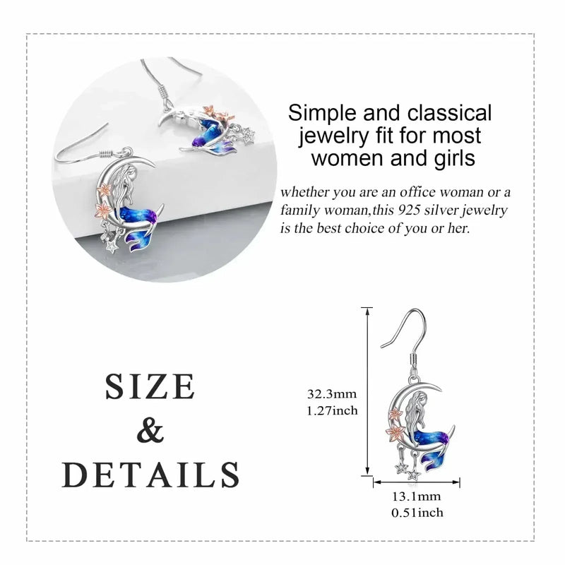 925 Sterling Silver Mermaid Earrings - Crescent Moon Dangle Drop with Zircon Crystals - Meifu Market