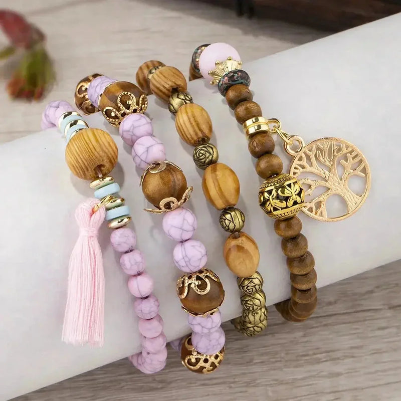elastic bangle bracelet set | wooden beads jewelry | adjustable tree of life bracelet | energy saving