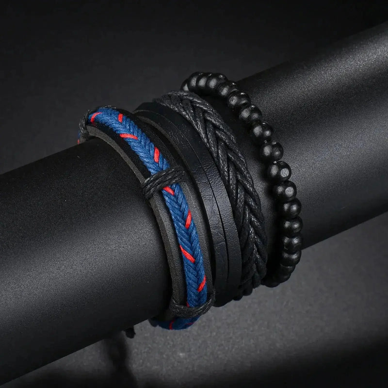 braided leather bracelet for men | vintage charm wood beads | adjustable wrap wristband | energy saving