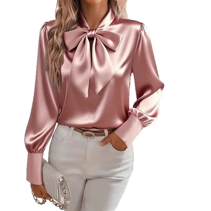 Women's Solid Color Satin Long Sleeve Casual Shirt With Bow Decor Blouse Spring Fall Daily Wear Top Meifu Market