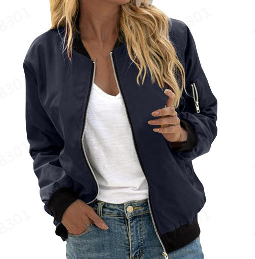 Women's Solid Color Cool Girl Baseball Jackets Round Neck Zipper Vintage Bomber Jacket Autumn Casual Female Bomber Jacket Chic Outerwear Meifu Market
