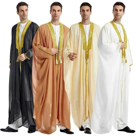 long sleeve chiffon robe | embroidered mens arabic robe | golden ball tassel details | ultrasonic cleaning