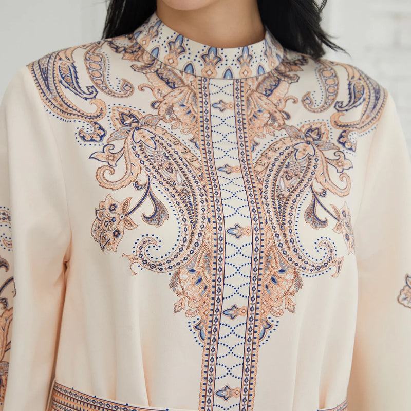 stand collar long dress | retro muslim dress | printing long dress | energy saving