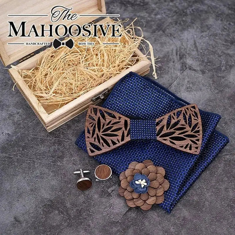 hollow carved wooden bow tie | plaid handkerchief set | mens fashion novelty ties | ultrasonic cleaning