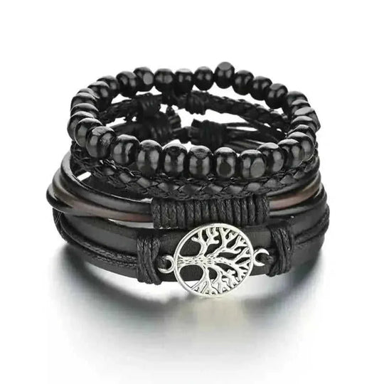 braided leather bracelet for men | vintage charm wood beads | adjustable wrap wristband | energy saving