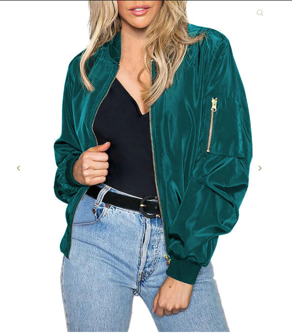 Women's Solid Color Cool Girl Baseball Jackets Round Neck Zipper Vintage Bomber Jacket Autumn Casual Female Bomber Jacket Chic Outerwear Meifu Market