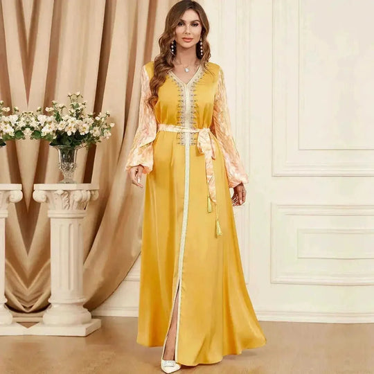 patchwork embroidery dress | long sleeve maxi dress | puff sleeve arabic dress | energy saving