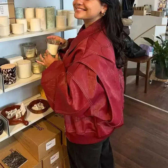Loose Fashion Lapel Zip-up Jacket Cool Long Sleeve Zipper Closure Moto Biker Leather Jacket Womens Clothing Meifu Market