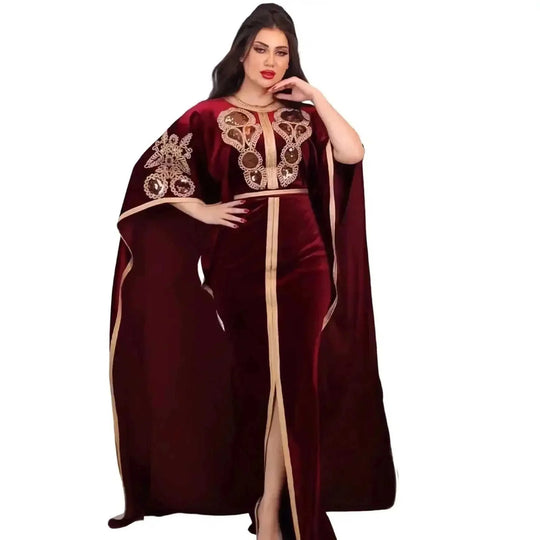gold velvet evening dress | sequined arabic dress | long sleeve maxi dress | energy saving
