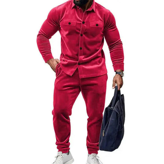 Men's Suede Solid Color Single-breasted Tooling Cardigan Two-piece Set Meifu Market