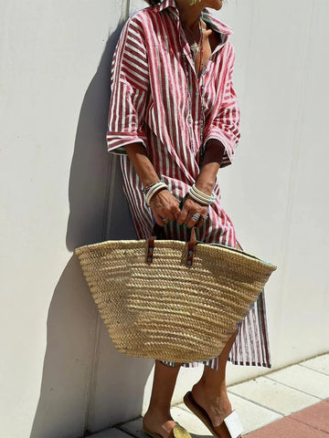 striped shirt dress with belt | half-sleeve button down dress | lapel collar cardigan dress | energy saving