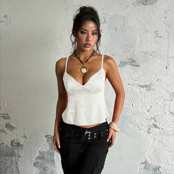 Women's Satin Jacquard V-Neck Slip Top | Floral Loose Tank - Meifu Market