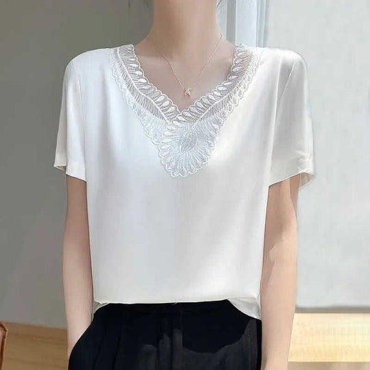 Acetate V-Neck Loose Short-Sleeve Top - Women's Commute Style - view 6 (material: denim, silk | color: white, black |...
