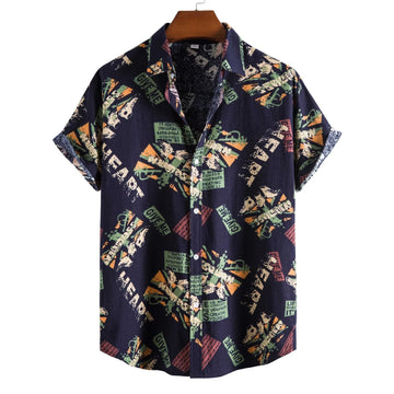 vintage letter print shirt | loose fit short sleeve shirt | men casual button down shirt | energy saving
