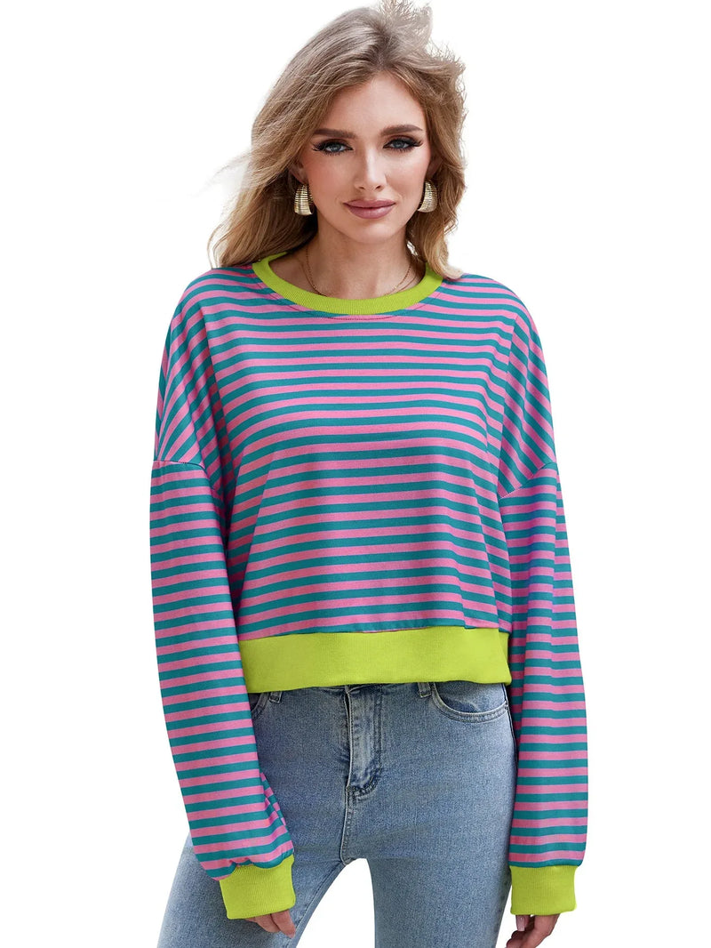 Women's Long Sleeved Striped Round Neck Sweater Top Meifu Market