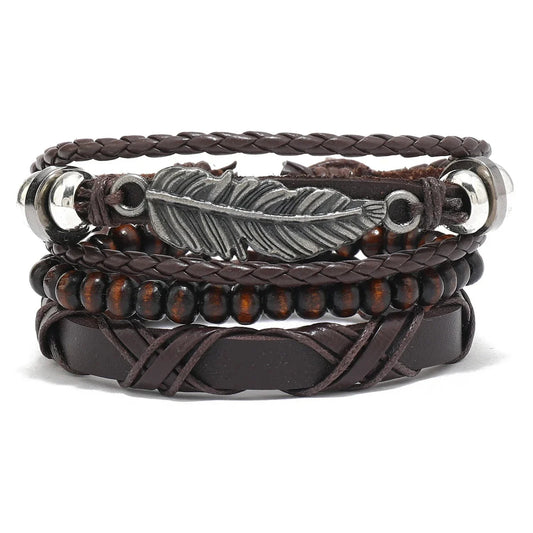 Set Braided Wrap Leather Bracelets for Men Vintage Life Tree Rudder Charm Wood Beads Ethnic Tribal Wristband Rope Bracelet