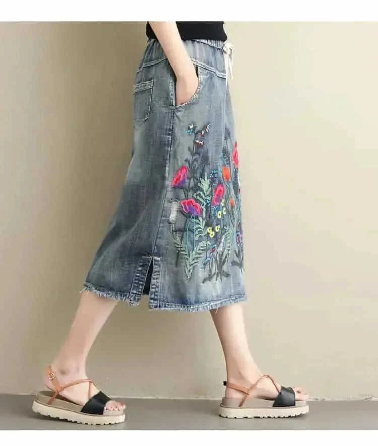 plus size embroidered denim skirt | heavy embroidery maxi skirt | ethnic style denim skirt | energy saving