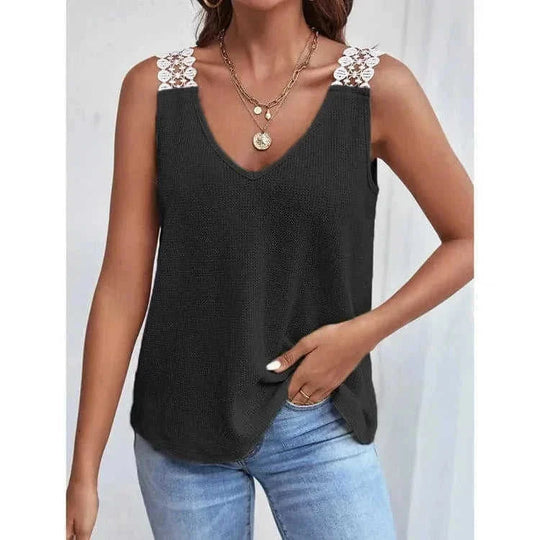 waffle knit fabric tank top | v-neck sleeveless summer top | lace trim vest top | energy saving
