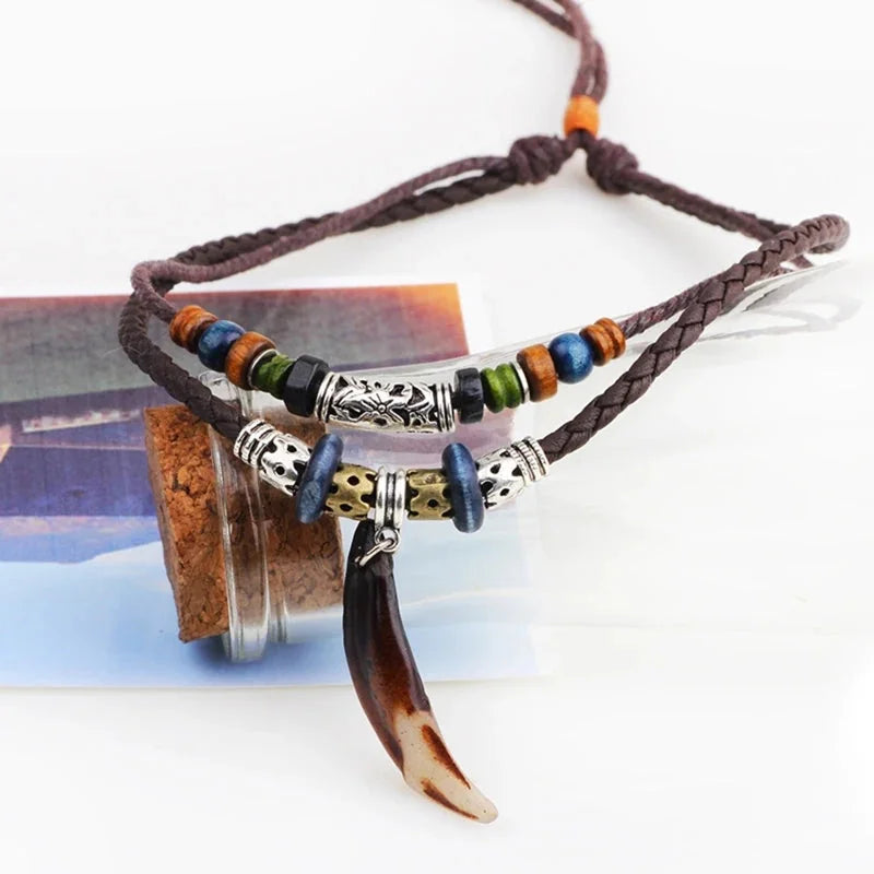 vintage tribal necklace | boho leather jewelry | double layered braided necklace | energy saving