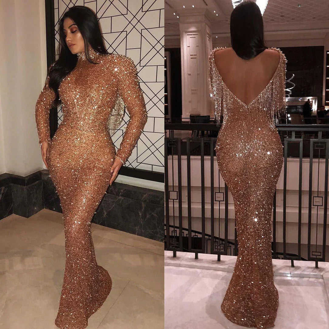 Women's Casual Golden Backless Long Sleeves Dress Meifu Market