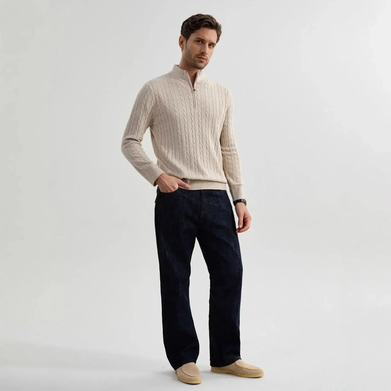 stand collar zipper sweater | twisted knit texture | 100 cotton construction | energy saving