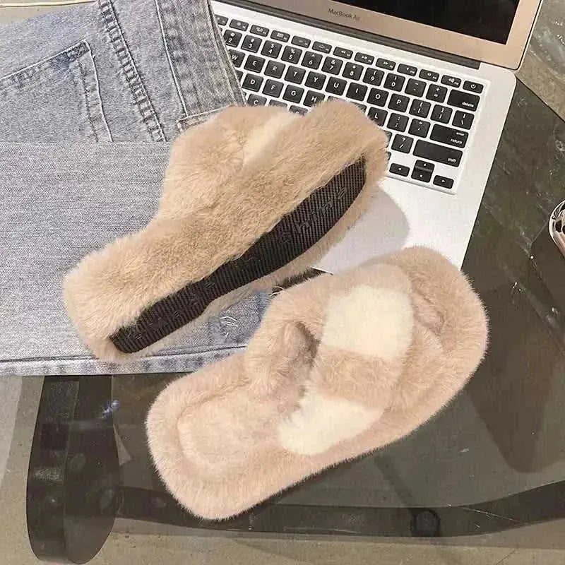 cross-strap fuzzy slippers | 5cm heel house shoes | plush indoor slippers women | ultrasonic cleaning