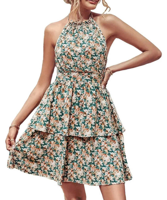 backless summer dress | boho printed halter dress | ruffle trim beach dress | ultrasonic cleaning