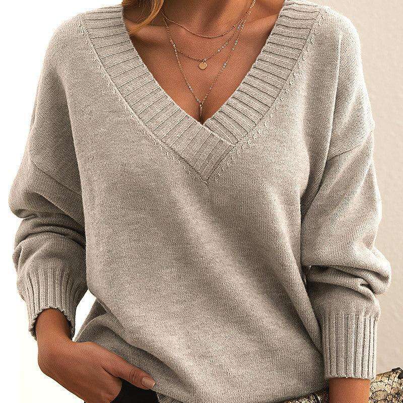 Solid V-neck Sweater Fashion Loose Long-sleeved Knitted Tops Autumn And Winter Women's Clothing Meifu Market