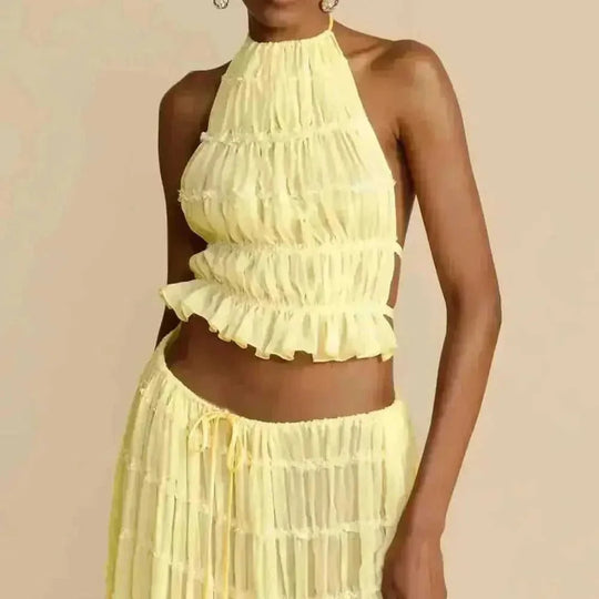 2pcs Women's Dress Suit Sexy Sleeveless Backless Cropped Halter Top And Pleated Long Skirt Beach Clothing - close-up...