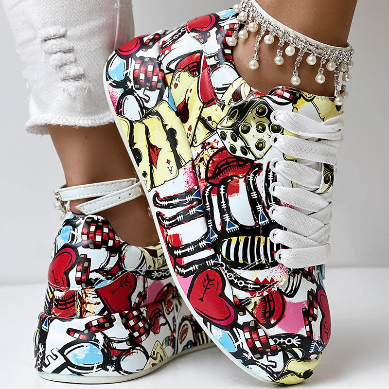 Women's Casual Round Toe Thick Sole Lace-Up Sneakers, Random Print Design, Comfortable Sporty Shoes For Daily Wear Meifu Market