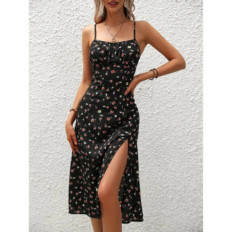 polka dot suspender dress | split thigh maxi dress | summer floral print dress | energy saving