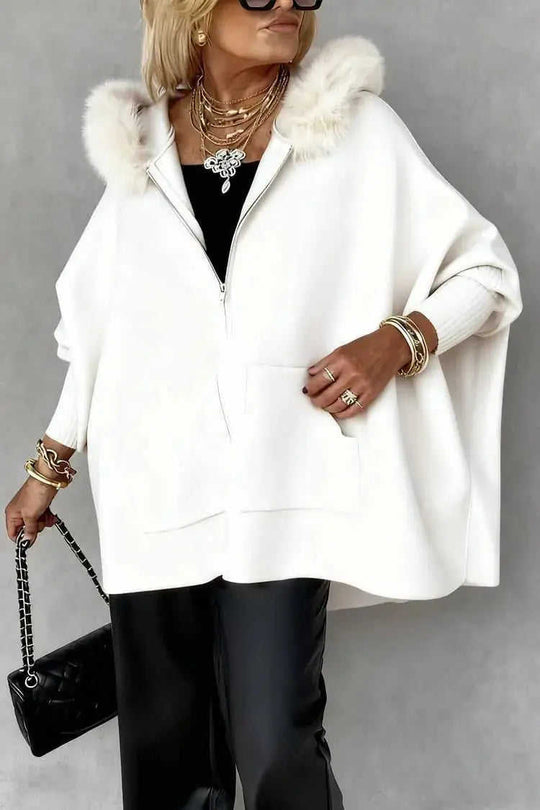 Ins Plush Hooded Cardigan Fashion Warm Pockets Zip-up Knitted Jacket Casual Outerwear Batwing Sleeve Sweater Women's Cloth...