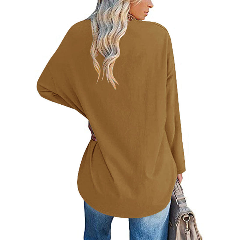 Solid Color Loose Drop Shoulder Sleeve V Neck Long Sleeve Blouse Meifu Market
