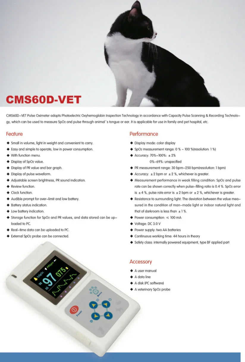 Veterinary Color Display CMS60D-VET Pulse Oximeter Spo2 Probe PR VET Monitor Meifu Market