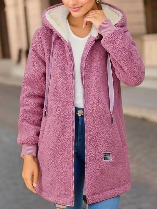 Winter Fleece Hooded Jacket Fashion Casual Zip-up Pockets Long Sweatshirt Warm Commuter Women's Clothing Meifu Market