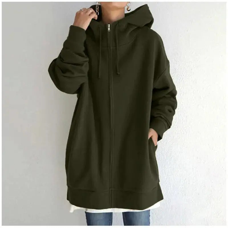 Oversized S-5XL Women Loose Hooded Coats Autumn Female Tie Collar Long Sleeve Zipper Up Add Velvet Long Sweatshirt Meifu Market