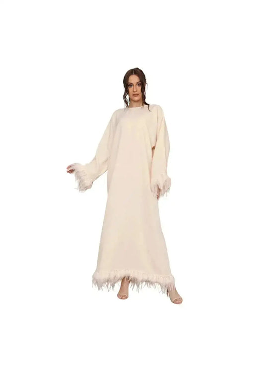 feather detail maxi dress | long sleeve round neck dress | lace-up back dress | energy saving