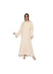feather detail maxi dress | long sleeve round neck dress | lace-up back dress | energy saving