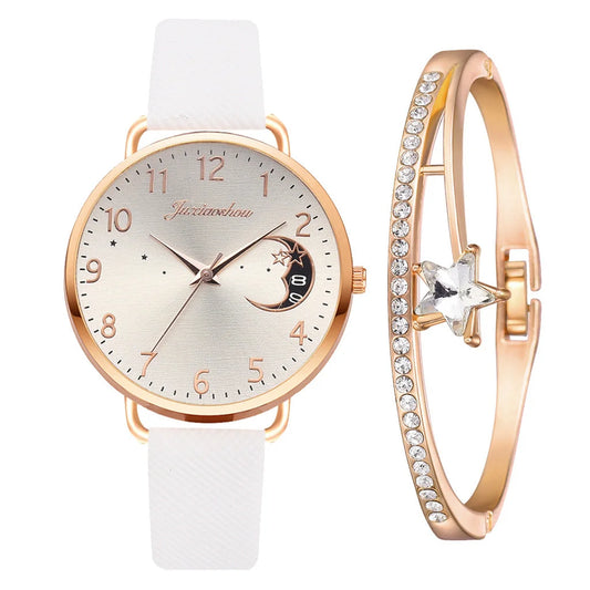 Moon Pattern Women's Watch - Lovely Quartz Wristwatch with Leather Strap - Fashion Ladies Watch