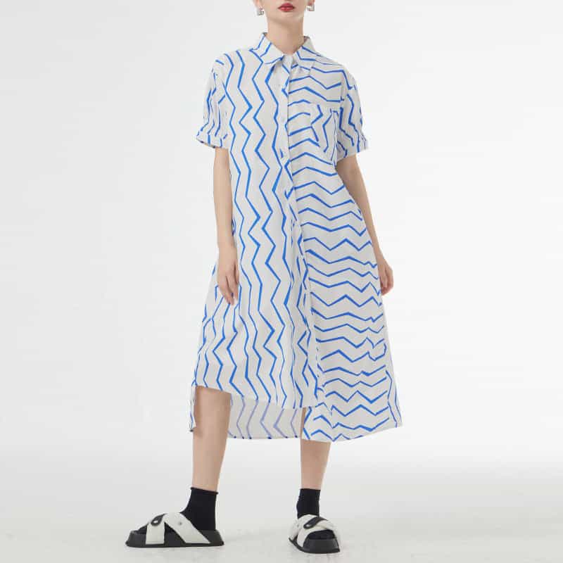 Women's Summer French Lazy Style Wave Stripes Shirt Dress 