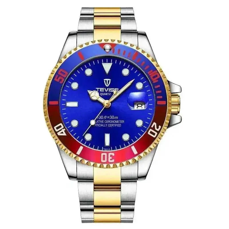 Mens Watches TEVISE Quartz Wrist Watch Waterproof Sport Business Gold Blue - scale comparison view
