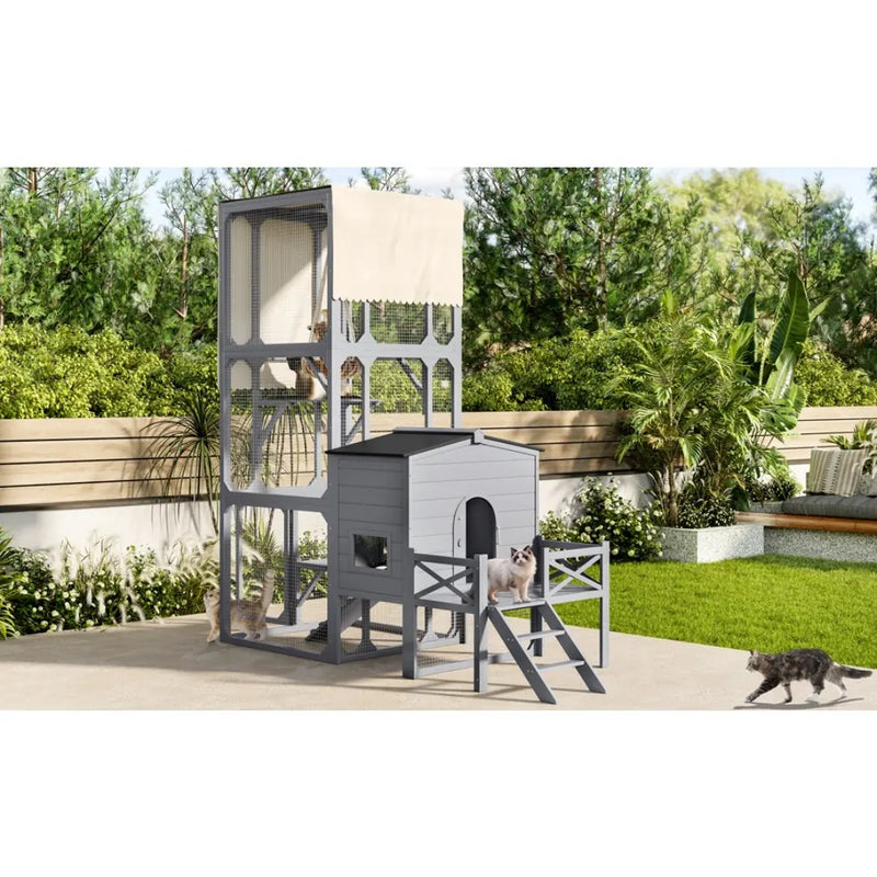 Catio Cat House Outdoor Large Cat Enclosure, Wooden Cat Cage For Multiple Cats With Jumping Platforms And Cat Swing, Removable Waterproof Cover, UV Resistant, 2 Combination, Gray Meifu Market