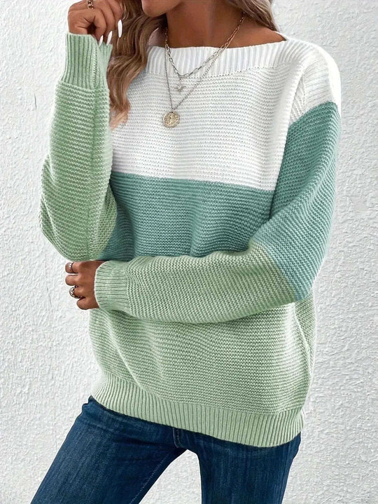 Pullover Knitted Sweater Fashion Round Neck Splicing Knitwear Loose Top Women's Clothing Meifu Market