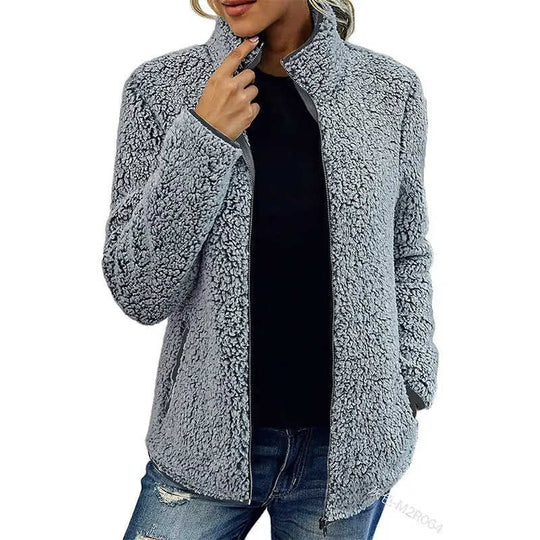 Fall Winter Warm Sweatshirt Stand Collar Solid Color Top Sweater Women's Casual Fashion Long Sleeve Zipper Bubble Velvet Coat Tops Meifu Market
