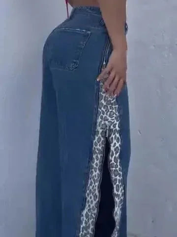 leopard print jeans | high-waisted zip-up jeans | stretch denim fabric | ultrasonic cleaning